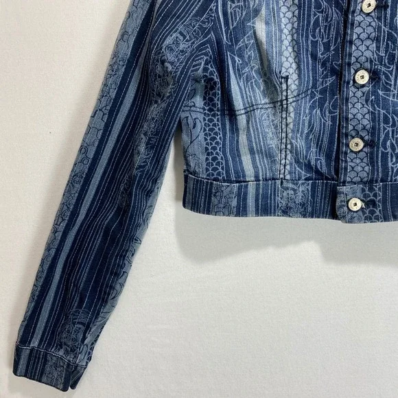 MARITHE FRANCOIS Womens Denim Jacket Blue Striped‎ Dragon Print Cropped Size XL - Picture 3 of 9